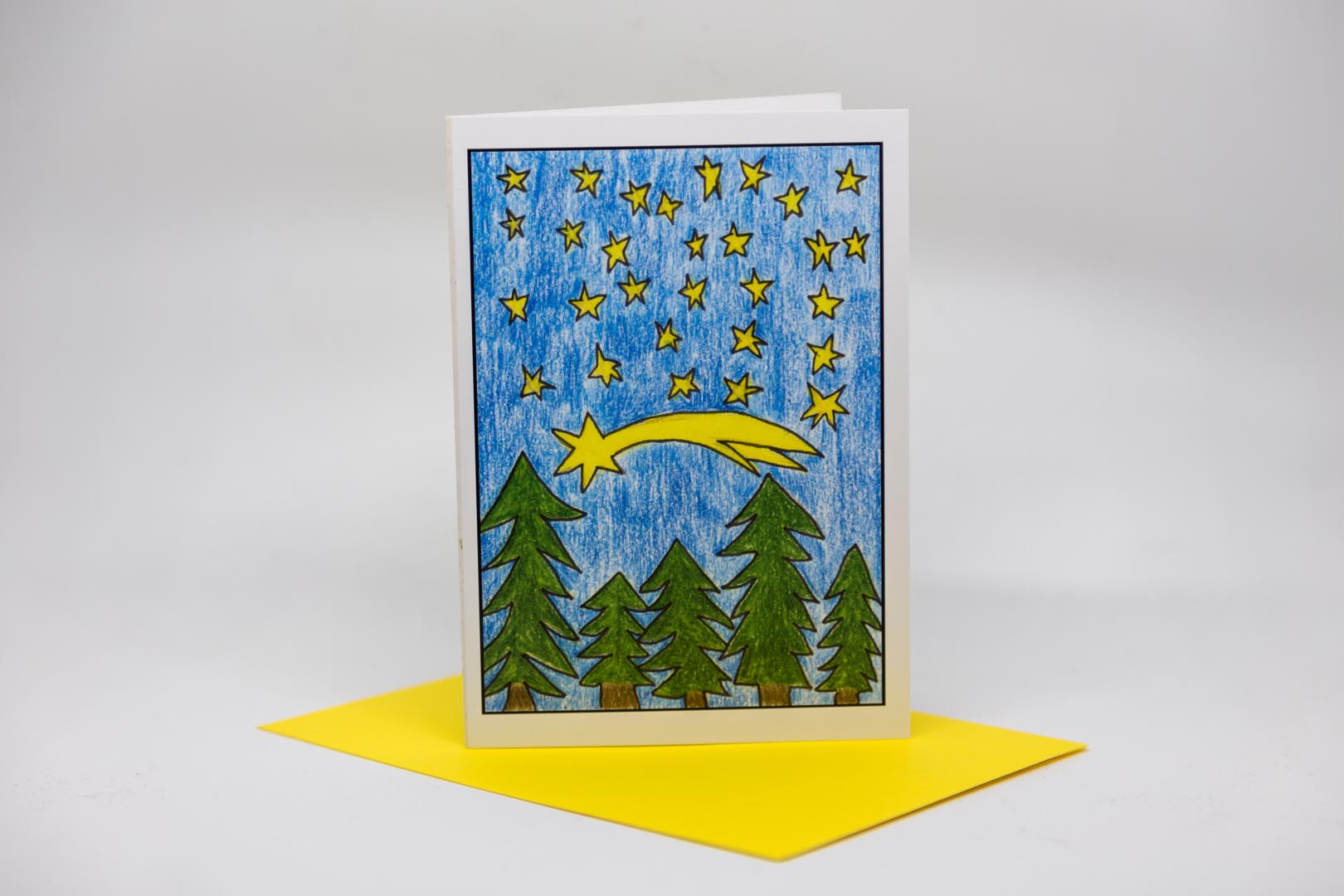 Weihnachtskarte: Wald mit Sternenhimmel