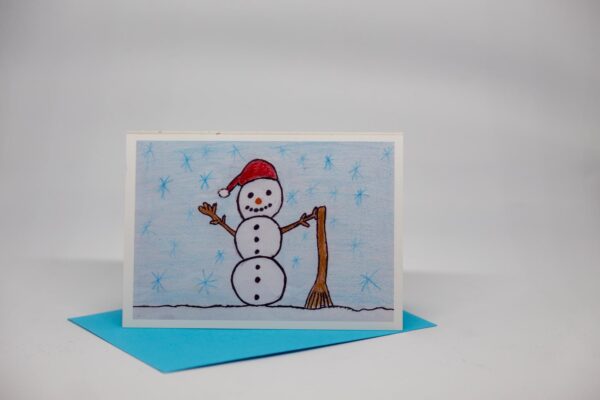 Weihnachtskarte: Schneemann mit Besen
