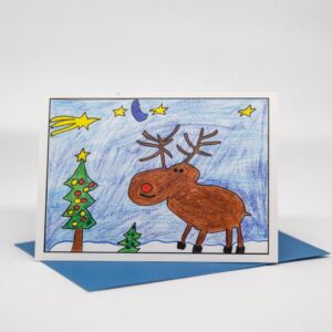 Weihnachtskarte: Rentier mit Weihnachtsbaum
